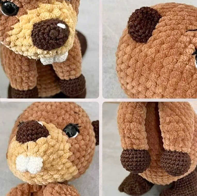 Beginner Friendly Amigurumi guide: Detailed view of a crochet beaver head with clear instructions for safe toy making.