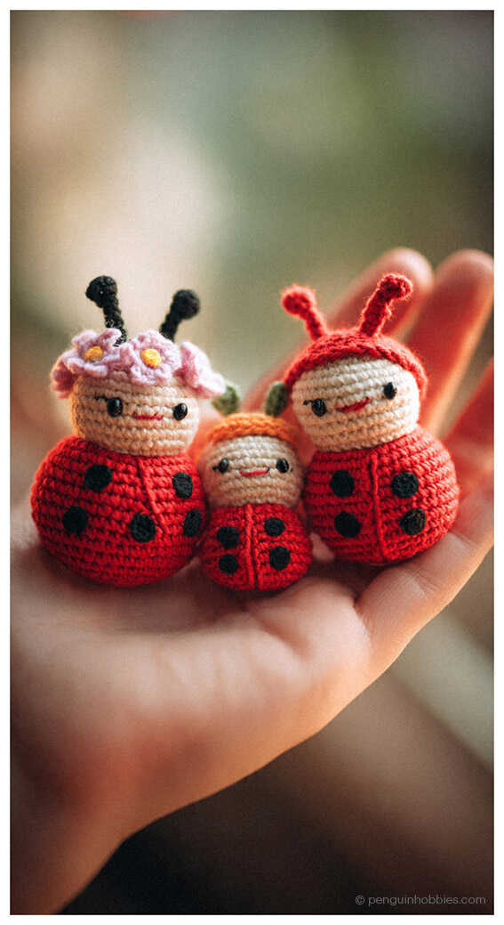 This visual serves as a conceptual preview showcasing how different yarn colors can redefine a classic ladybug design. This visualization is meant to inspire your own creative experiments with color. This image is shared as a professional stylistic reference.