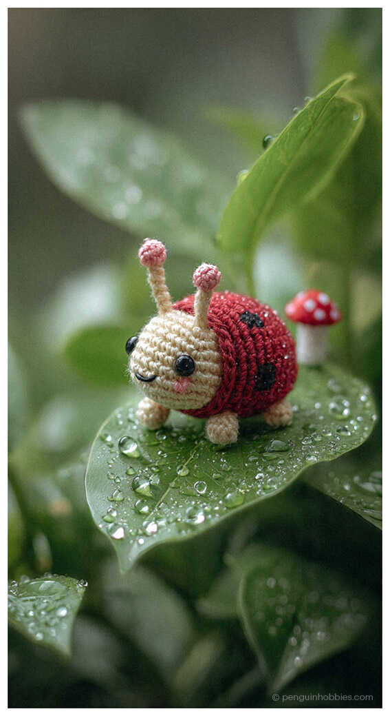A stylistic preview of a crocheted bug character, showcasing the harmony of red and black textures. This image is an inspirational reference meant to visualize different handmade styles. Use this creative concept as a foundation for your own seasonal craft projects.