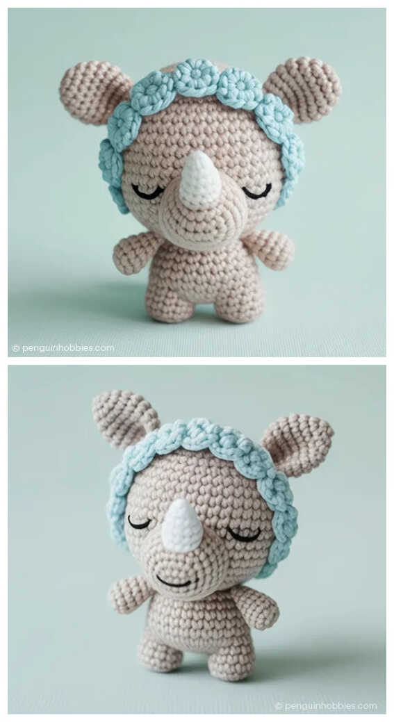 Sleepy rhino amigurumi crochet plush with a soft textured body and delicate details, a cute handmade toy idea loved by amigurumi collectors and crochet toy fans