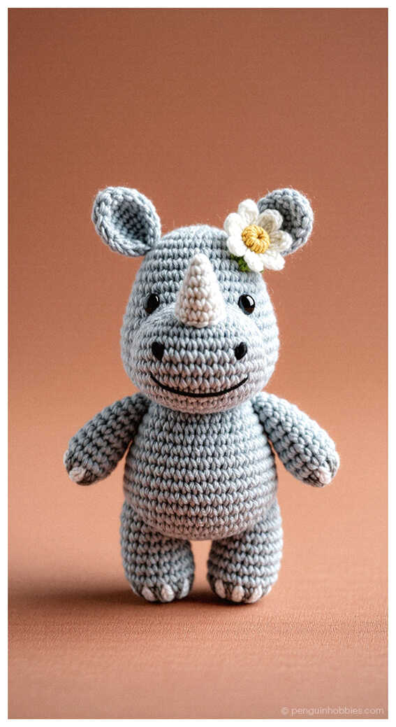Cute rhino amigurumi crochet toy with a cozy bonnet and soft neutral colors, a charming handmade plush design often chosen for baby shower gifts and nursery decor