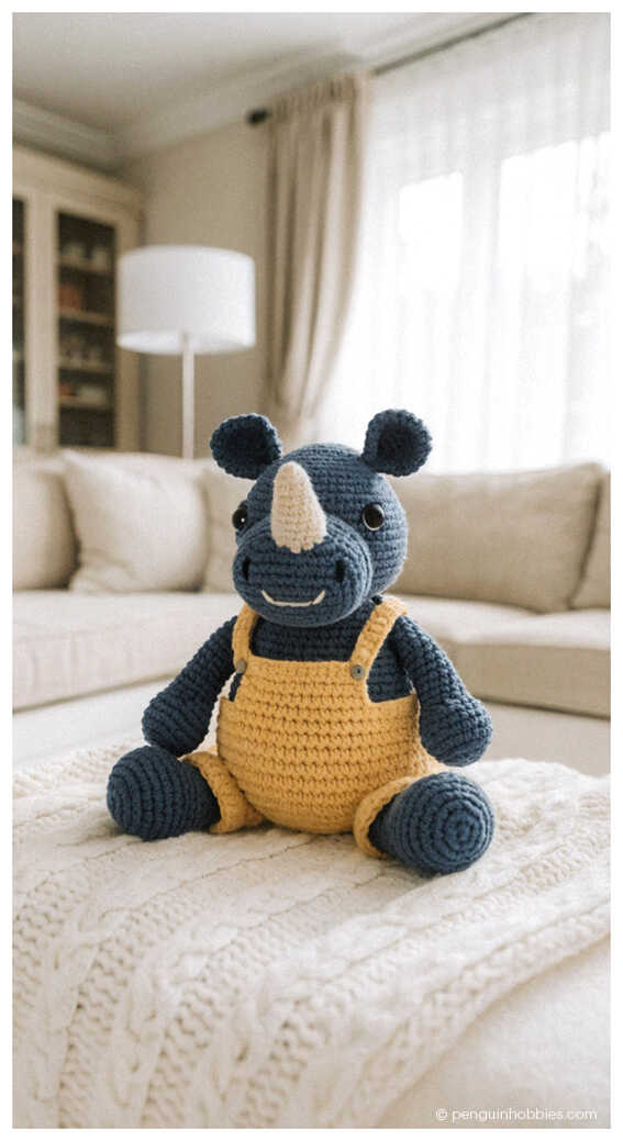 Cute rhino amigurumi crochet toy wearing yellow overalls, a charming handmade plush design perfect for nursery decor or a unique baby gift idea