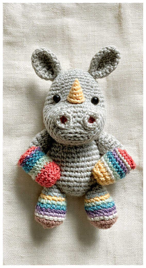 Cute rhino amigurumi crochet toy with colorful striped sleeves, a playful handmade plush animal design perfect for nursery decor or a unique baby gift