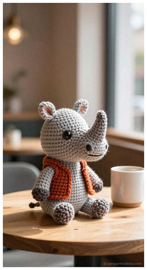 Small rhino amigurumi crochet toy wearing a cozy scarf, a sweet handmade plush animal that works beautifully as nursery decor or a thoughtful baby gift
