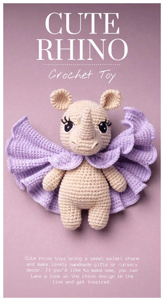 Cute rhino amigurumi crochet toy with a soft pastel look and ruffled collar, a charming handmade plush doll design loved by crochet toy collectors