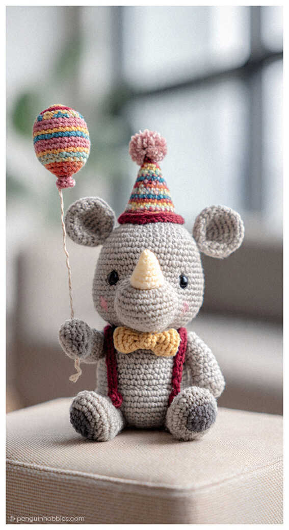 Cute rhino amigurumi crochet toy with a festive party hat and balloon detail, a playful handmade plush design perfect for baby gifts or nursery decor
