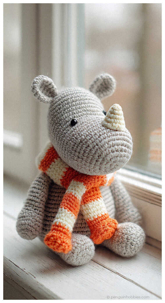 Cute rhino amigurumi crochet toy with a warm winter scarf, a soft handmade plush animal that works beautifully as nursery decor or a unique baby gift