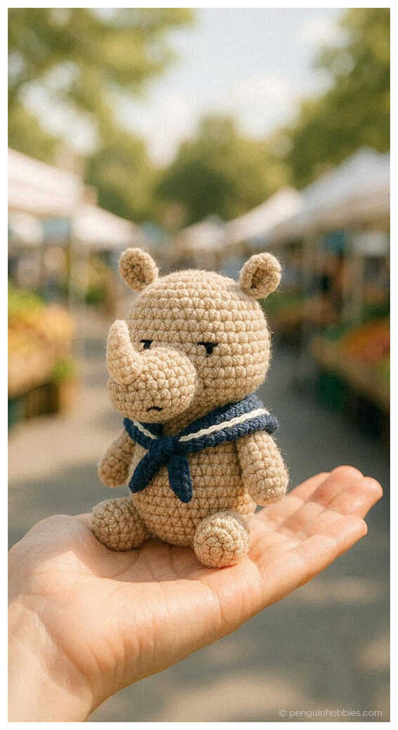 Small rhino amigurumi crochet toy held in hand, a charming handmade plush animal perfect for baby gifts or cute nursery decor