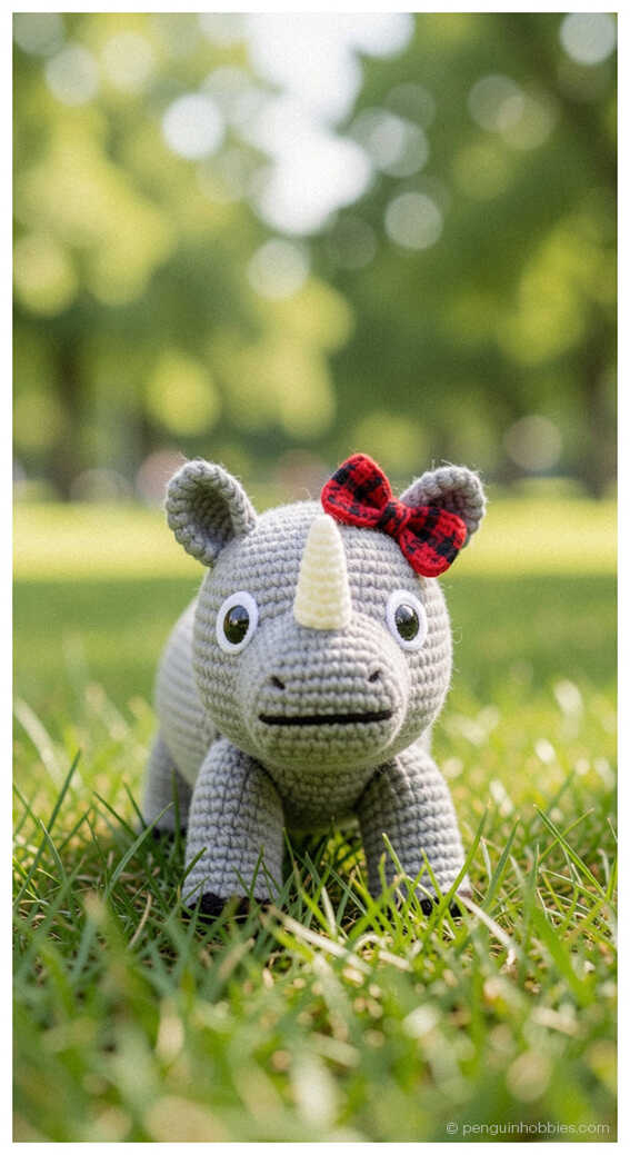 Cute rhino amigurumi crochet toy with a playful bow detail, a soft handmade plush animal that works beautifully as nursery decor or a thoughtful baby gift