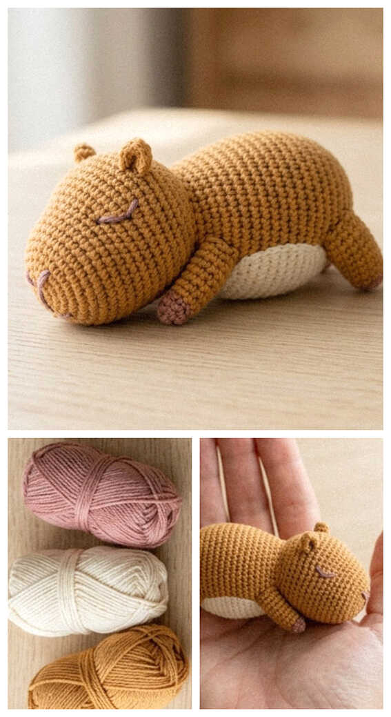 Sleeping capybara amigurumi crochet plush with a smooth rounded shape, a calming handmade toy design loved for modern nursery decor