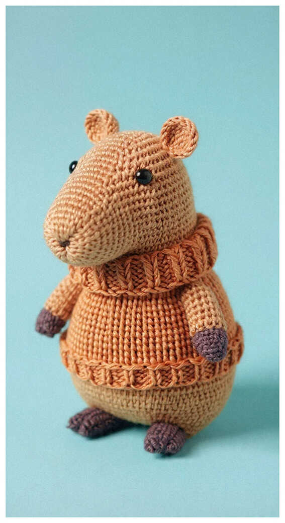 Cute capybara amigurumi crochet toy wearing a cozy sweater, a charming handmade plush design loved for seasonal decor and gift ideas