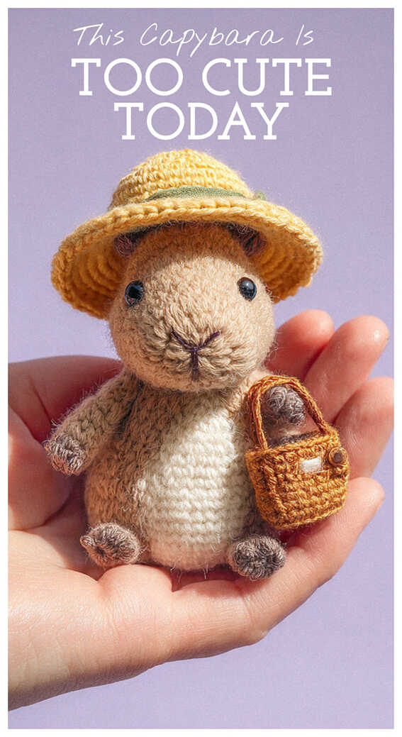 Small capybara amigurumi crochet toy wearing a straw hat, a sweet handmade plush design perfect for summer gifts and cute decor