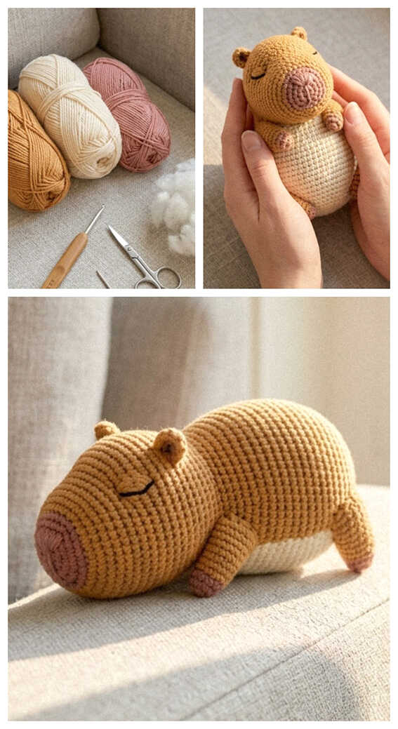 Mini capybara amigurumi crochet toy held in hand, a sweet handmade plush design perfect for small gifts and cute decor accents