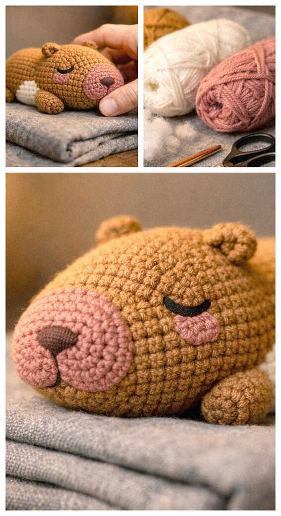 Sleeping capybara amigurumi crochet plush with a rounded shape and soft texture, a calming handmade toy design loved for modern nursery decor