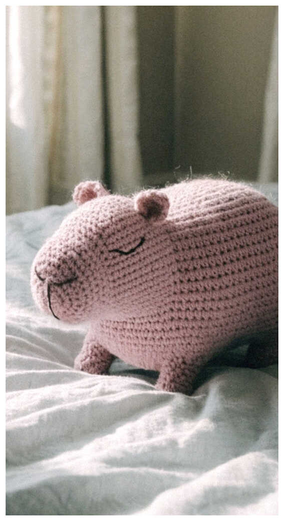 Cute capybara amigurumi crochet plush resting on soft fabric, a cozy handmade toy design ideal for relaxing decor and gift ideas