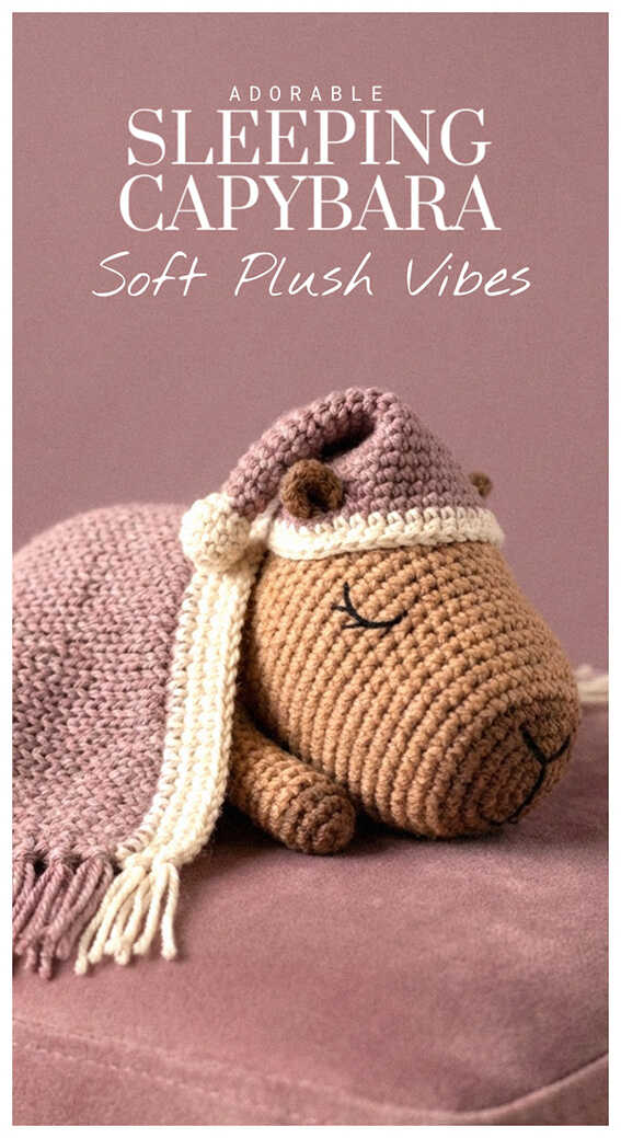 Sleeping capybara amigurumi crochet toy with a scarf detail, a warm handmade plush design perfect for seasonal decor and thoughtful gifts