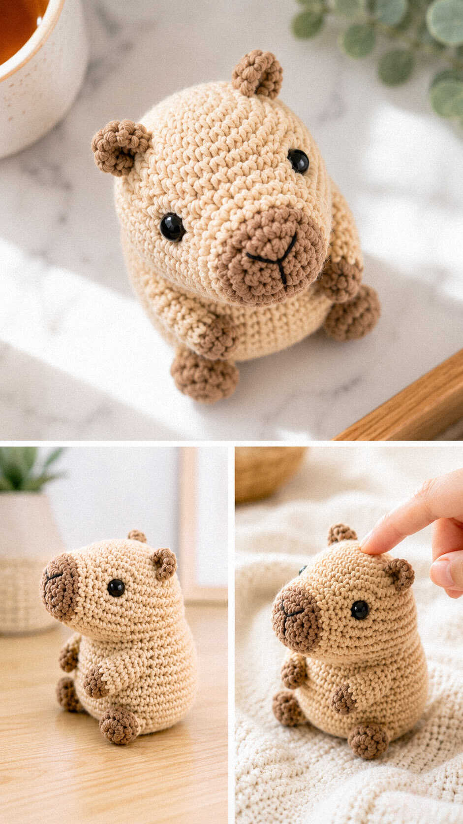 Cute chubby capybara amigurumi crochet pattern with tiny paws, round body, and adorable expression