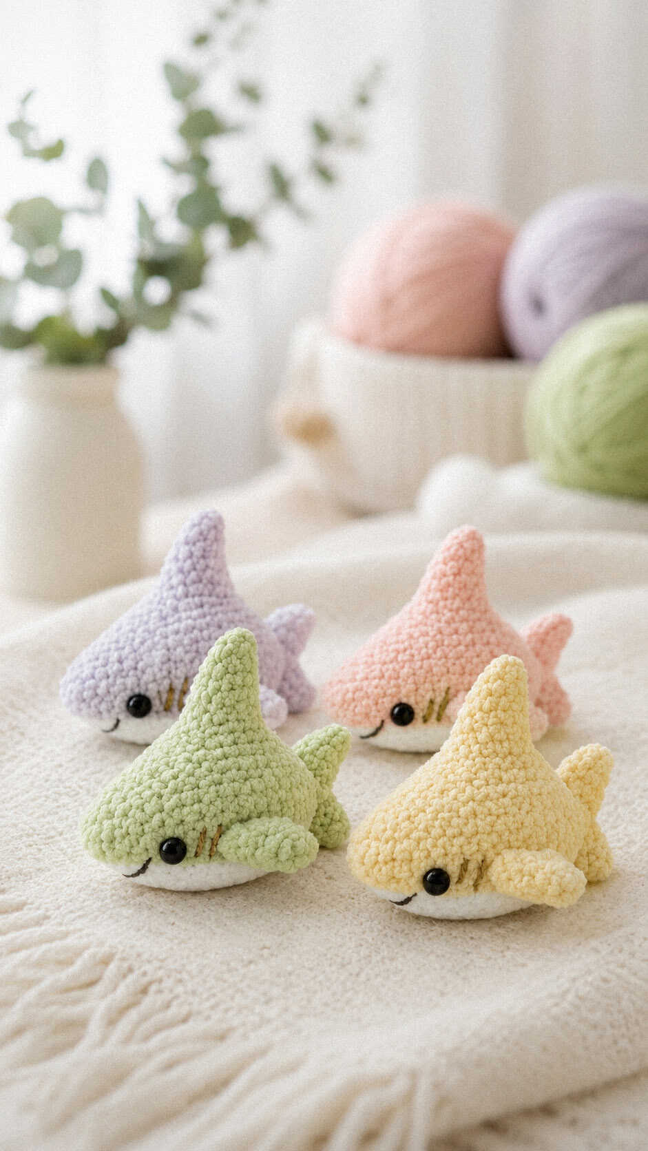 Free mini shark amigurumi crochet pattern in pastel colors with cute ocean-inspired design