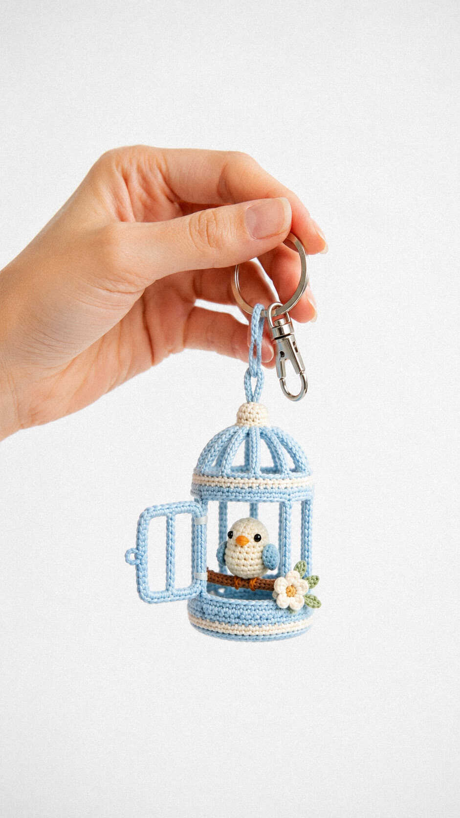 Hand holding a pastel blue crochet birdcage keychain with a tiny bird inside