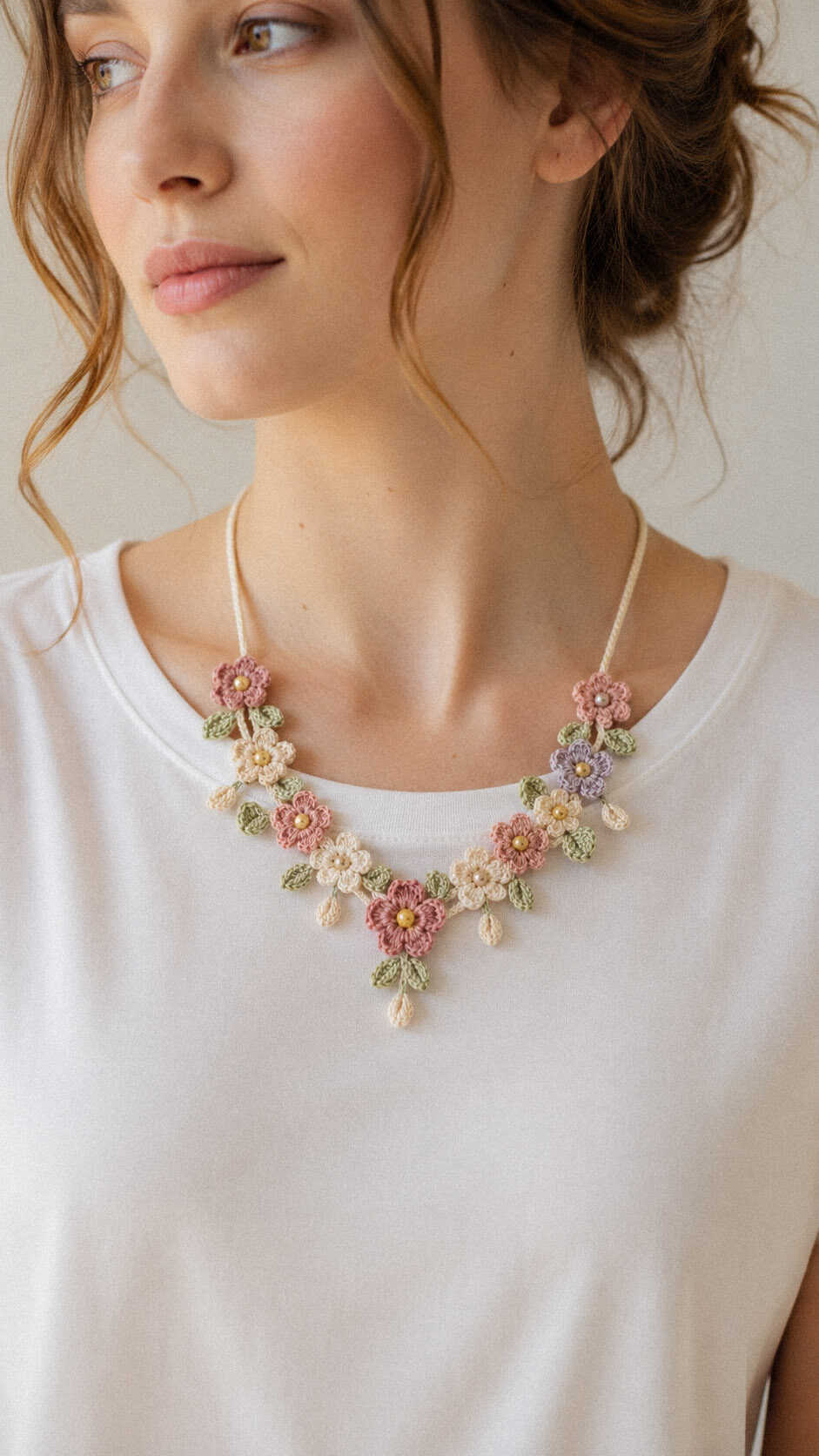 Pastel flower crochet necklace with tiny floral motifs and leaves worn on a white shirt
