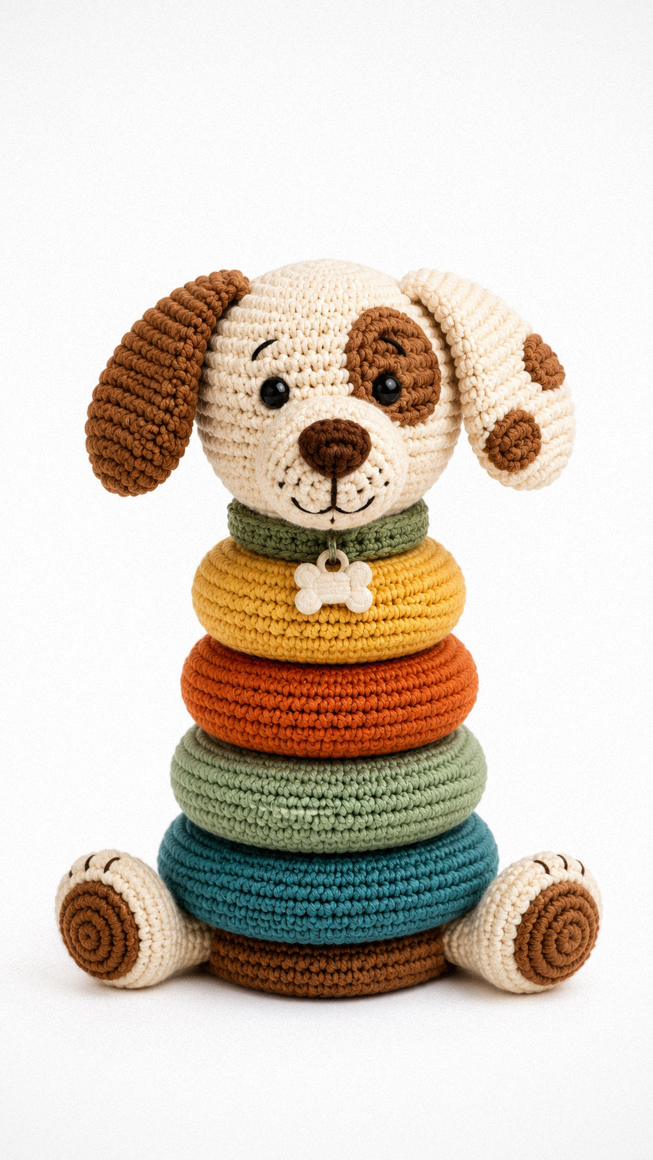 crochet puppy stacking toy with colorful rings and floppy ears handmade amigurumi nursery toy