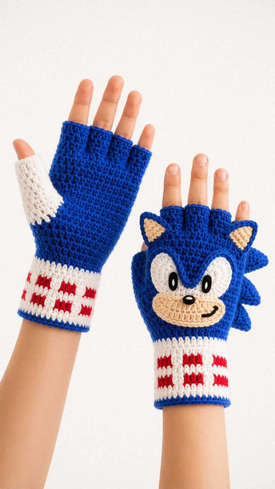 Sonic inspired crochet fingerless gloves featuring a blue hedgehog character design