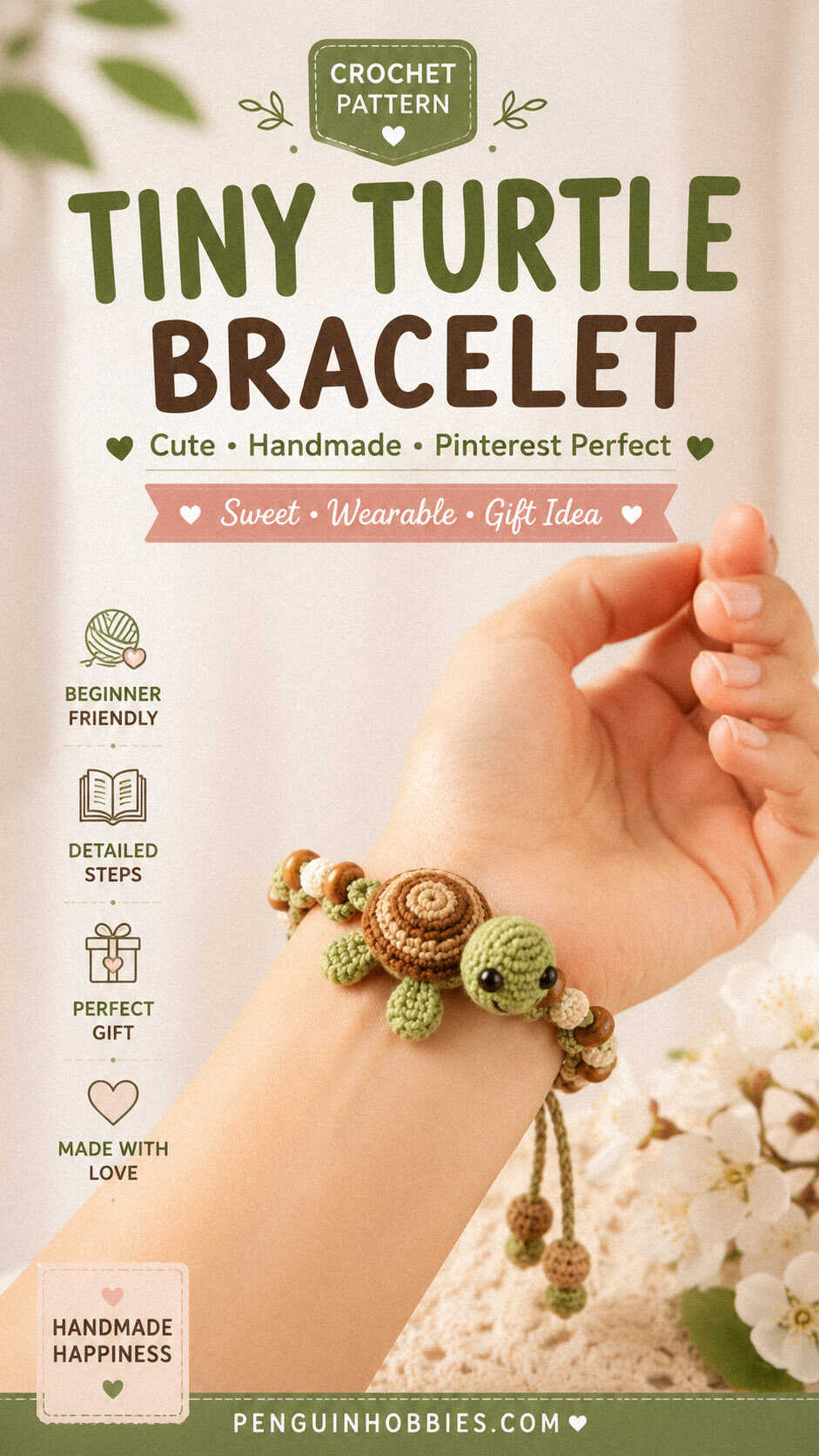 Tiny turtle bracelet crochet pattern featuring a miniature amigurumi turtle attached to a handmade adjustable bracelet with wooden beads.